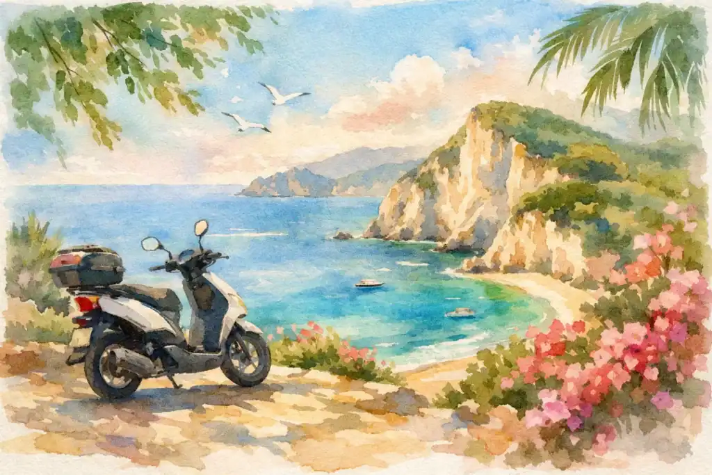 Scenic view of a scooter by the coast with cliffs and flowers in Zakynthos.