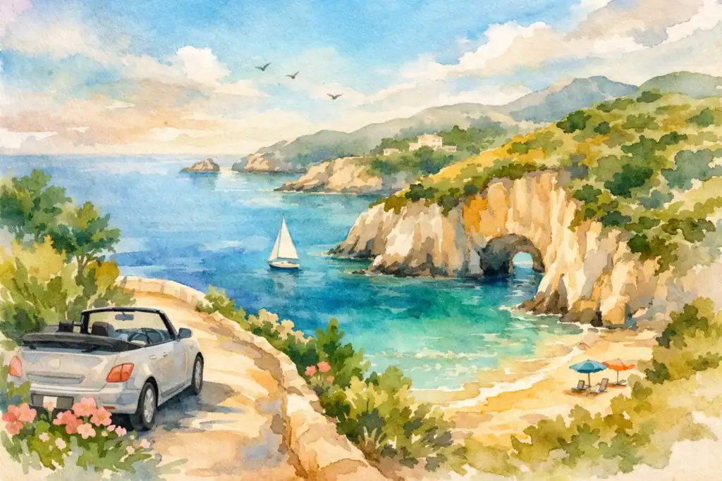 Scenic view of Zakynthos coast with car parked overlooking the sea.