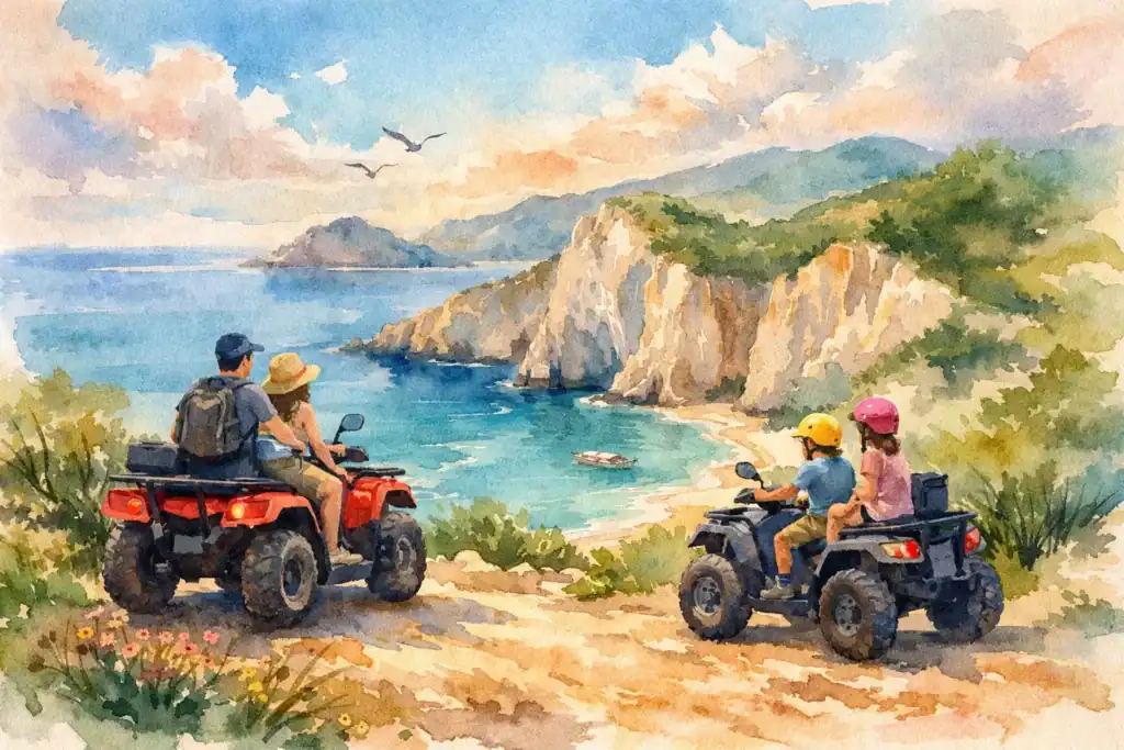 Family riding ATVs along a scenic coastal trail in Zakynthos.