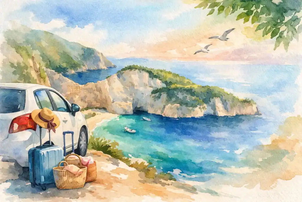 Car parked near Zante coastline with luggage and beach accessories.