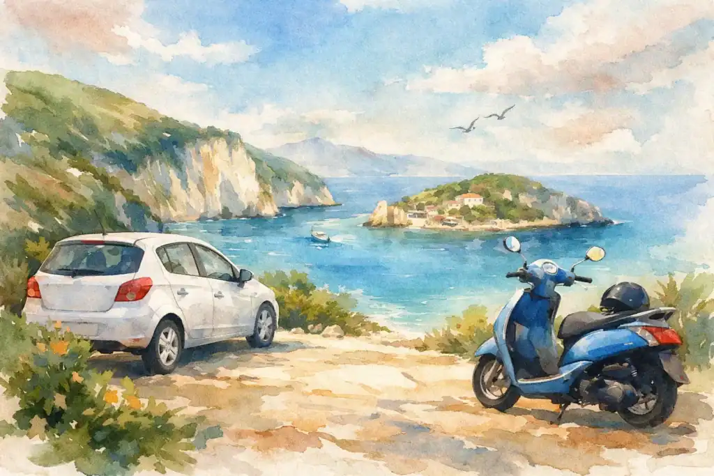 Car and scooter parked by the scenic Zakynthos coastline.