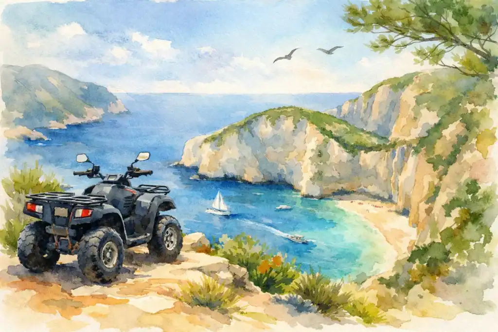 ATV parked overlooking a scenic coastal landscape in Zakynthos.