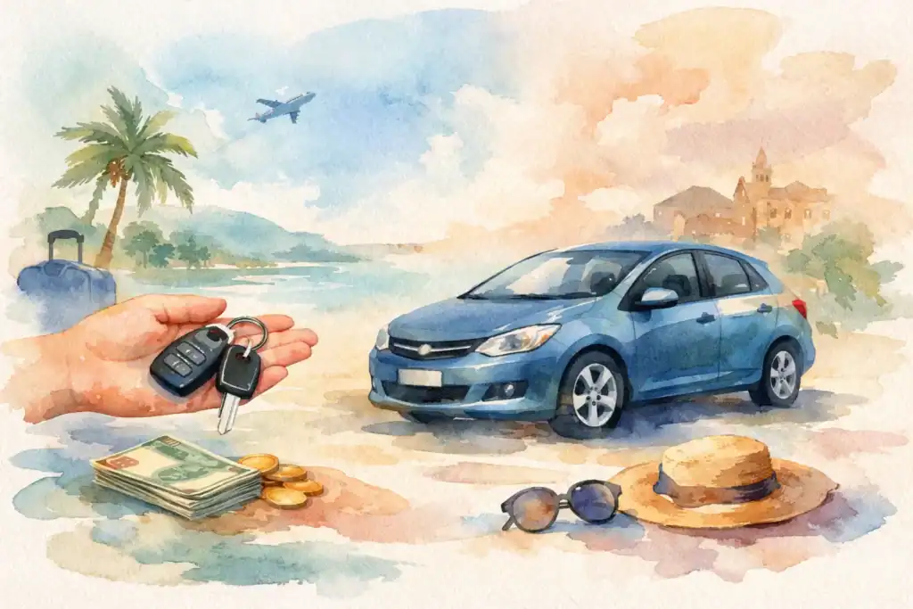 Car rental with key, money, and travel accessories on a beach.