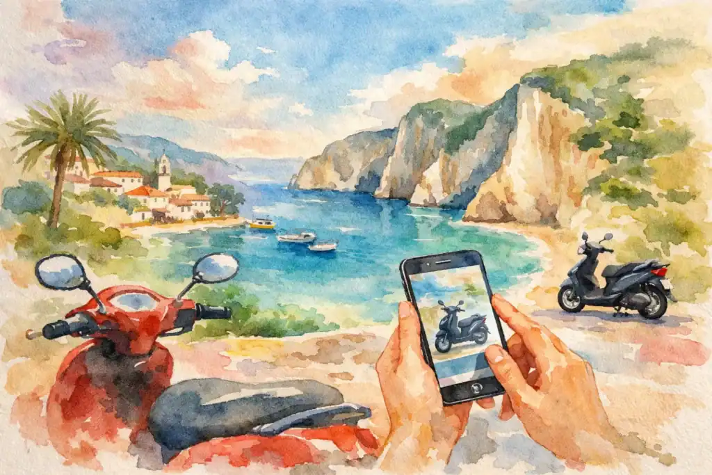 Person taking a photo of a scooter with a scenic coastal background.