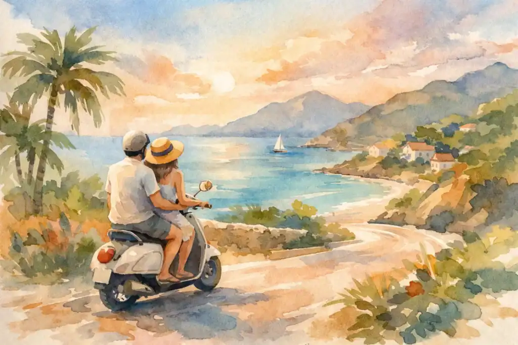 Couple riding a scooter along a scenic coastal road with mountains and sea in the background.