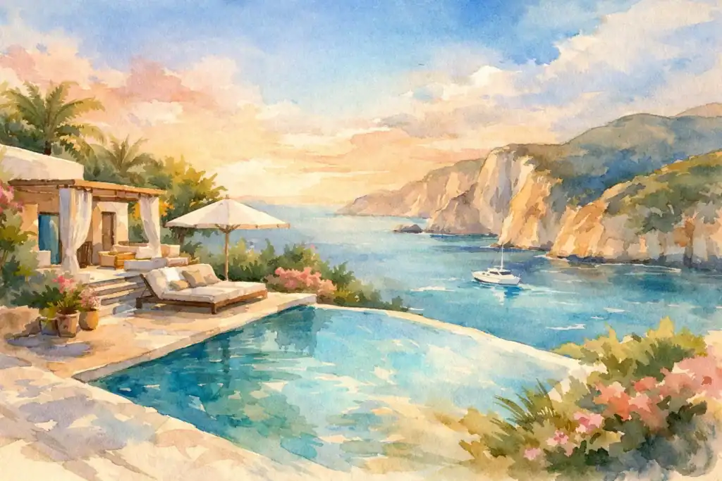 Scenic view of a villa with infinity pool overlooking Zakynthos coastline at sunset.