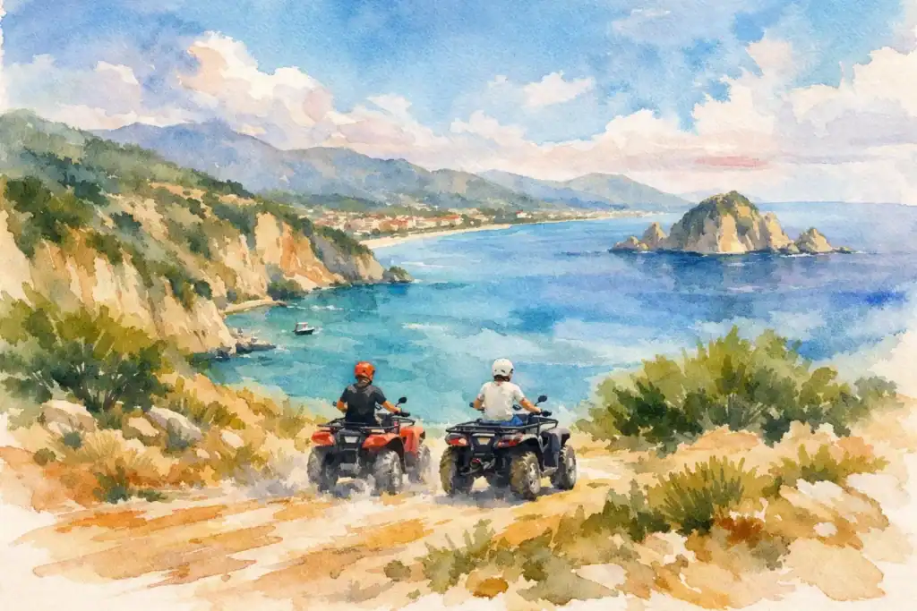 ATV riders enjoying scenic coastal trail in Alykanas, Zante.