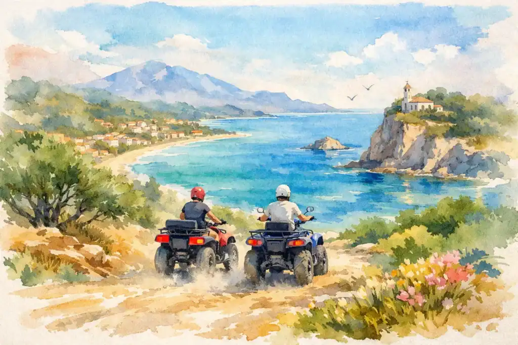 ATV riders exploring scenic coastal landscape in Tsilivi, Zante.