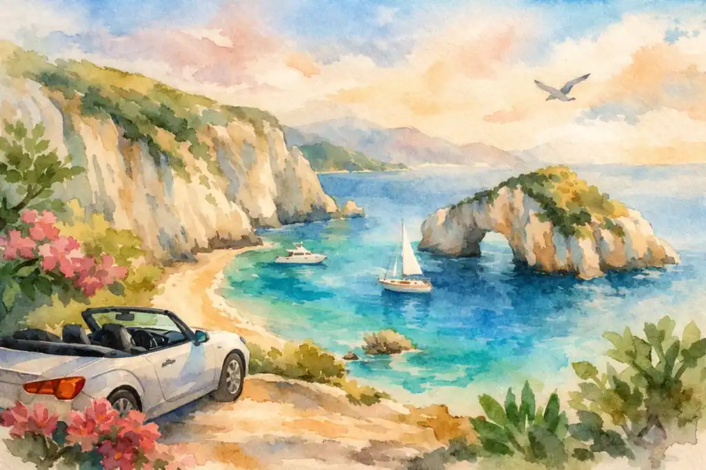 Scenic watercolor of Zakynthos coastline with boats and cliffs.