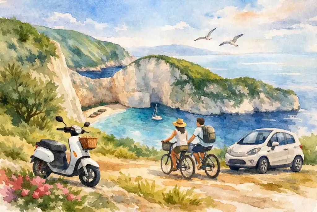 Cyclists and electric scooter enjoy scenic coastal view in Zakynthos.