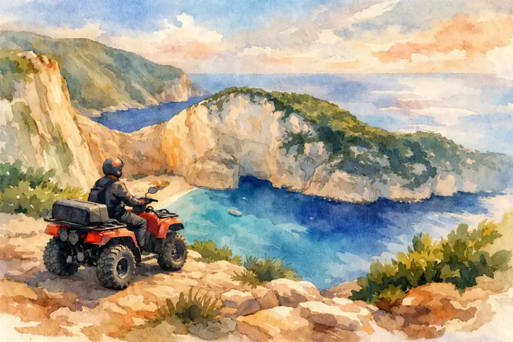 ATV rider overlooking Navagio Viewpoint on Zakynthos island.