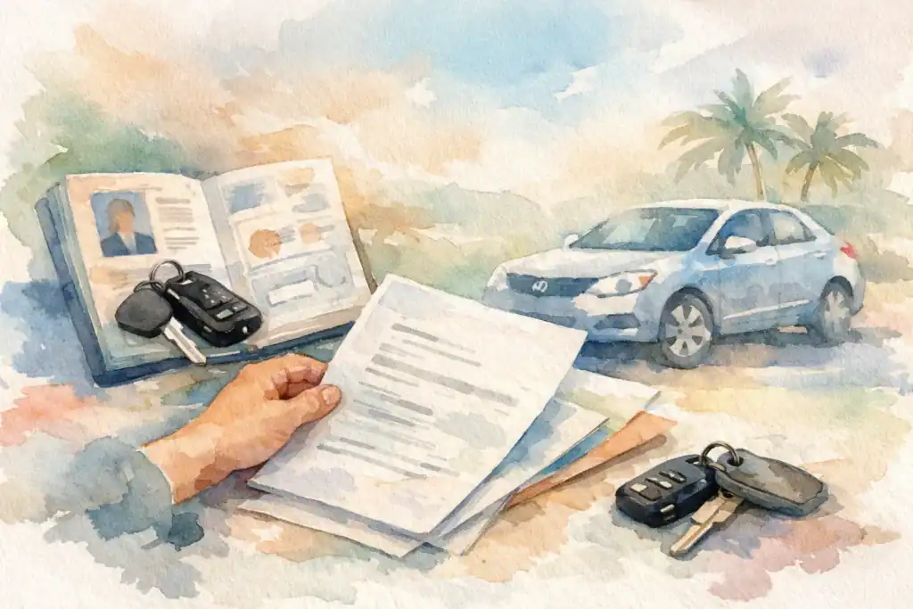 Car rental documents and keys with a car in the background.