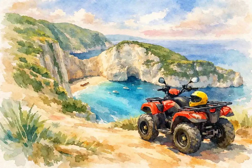ATV on scenic Zakynthos coastline with caves and turquoise waters.
