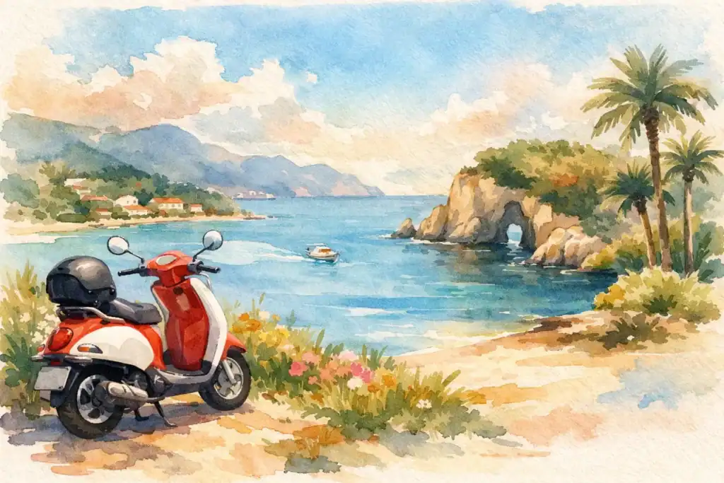 Scooter parked on a scenic Zakynthos beach with sea and mountains in background.