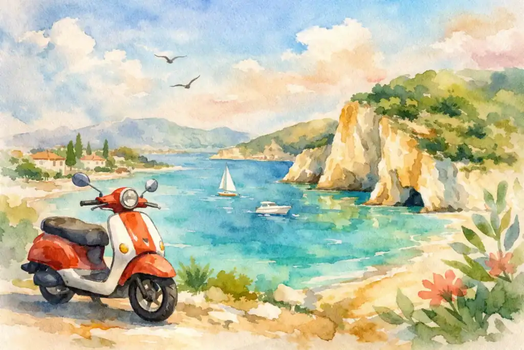 Colorful watercolor of a scooter by the sea with cliffs and sailboats.