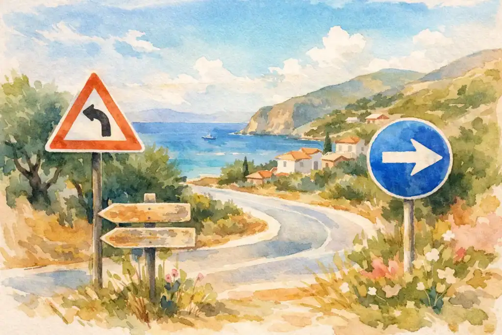 Greek road signs on a scenic coastal road in Zakynthos.