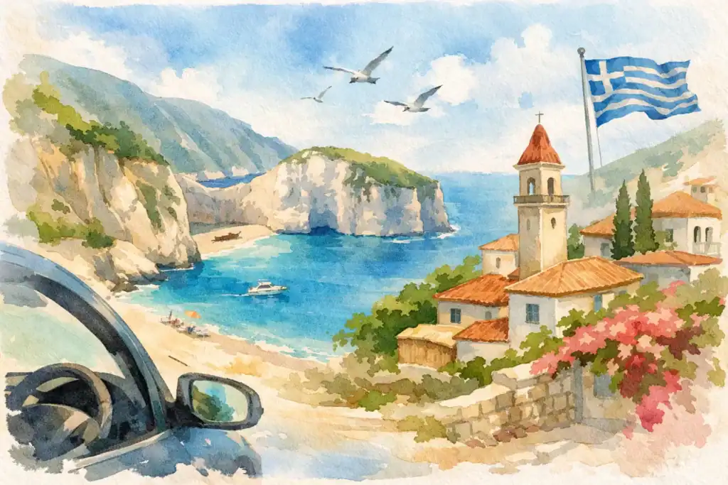 Scenic view of Zakynthos with church, sea, and Greek flag.