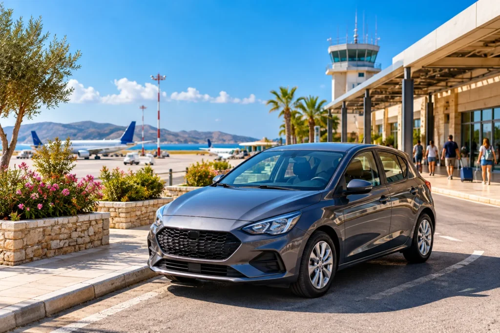 Image alt text Compact rental car outside a Mediterranean airport terminal