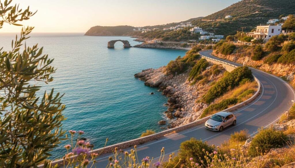 Compact rental car overlooking the coast of Zakynthos, Greece