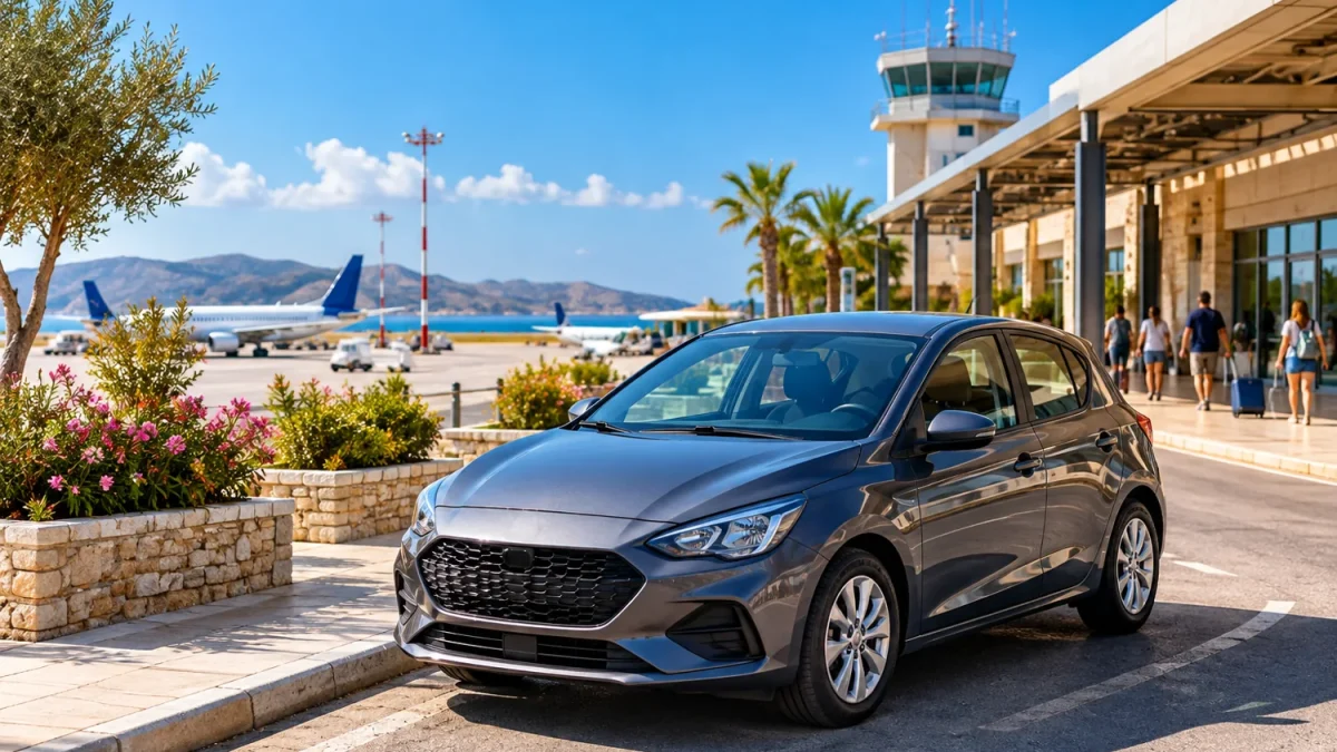 Image alt text Compact rental car outside a Mediterranean airport terminal