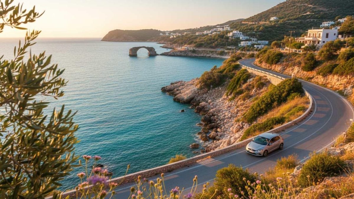 Compact rental car overlooking the coast of Zakynthos, Greece
