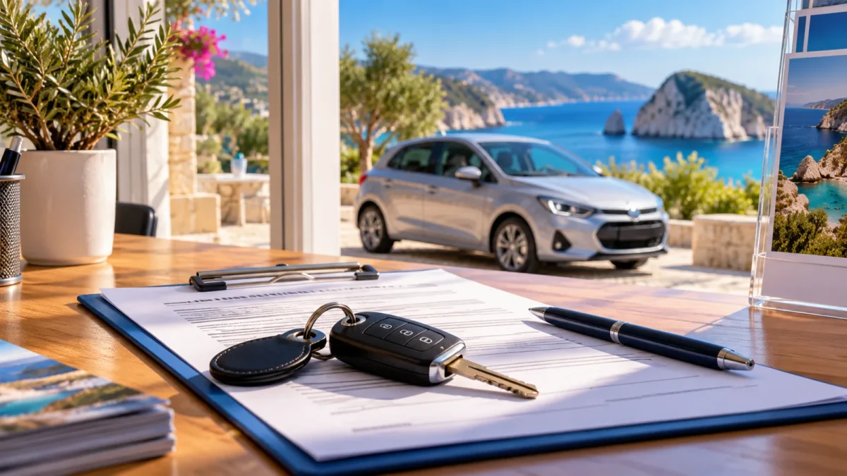 Car keys and rental paperwork on a desk with a car and Mediterranean coast behind