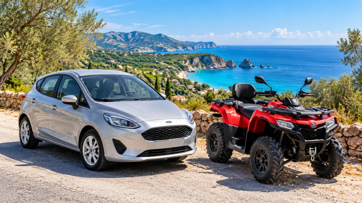 Compact car and red ATV parked at a scenic Zakynthos coastal viewpoint