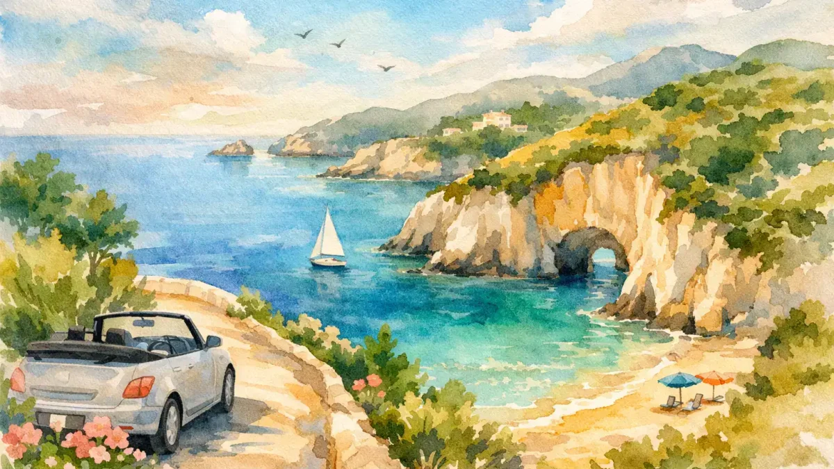Scenic view of Zakynthos coast with car parked overlooking the sea.