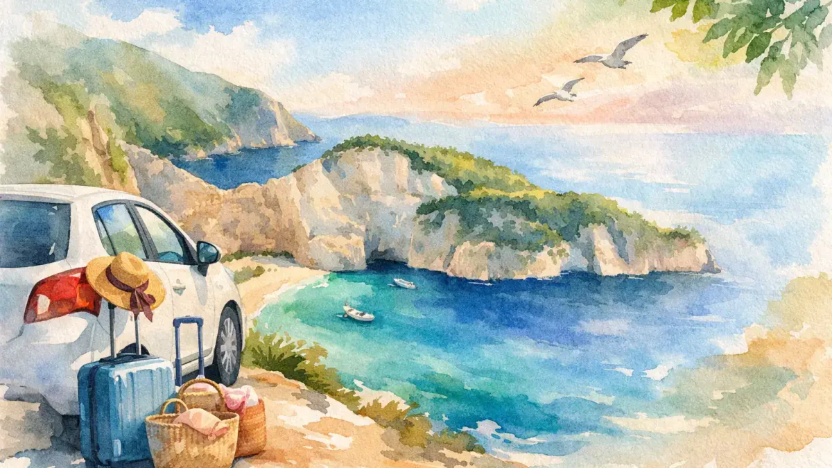 Car parked near Zante coastline with luggage and beach accessories.