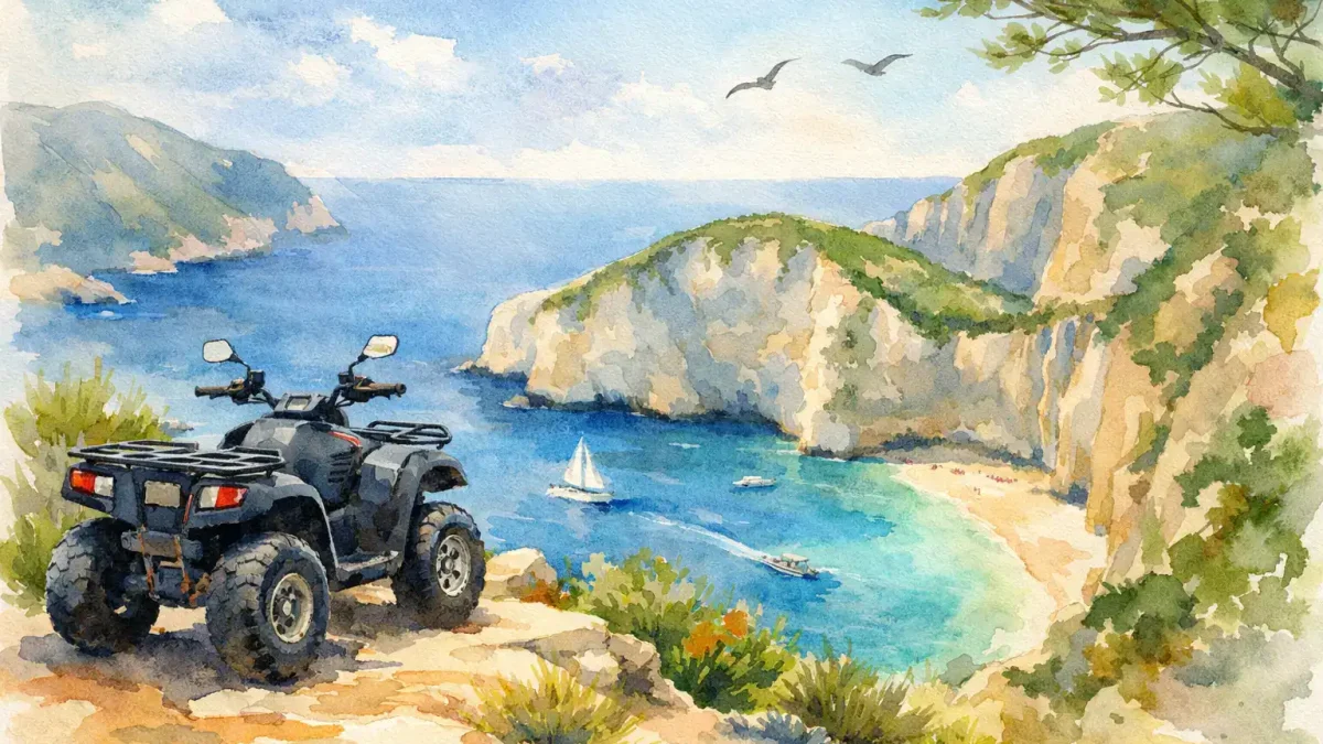 ATV parked overlooking a scenic coastal landscape in Zakynthos.
