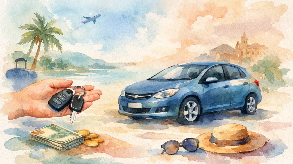 Car rental with key, money, and travel accessories on a beach.