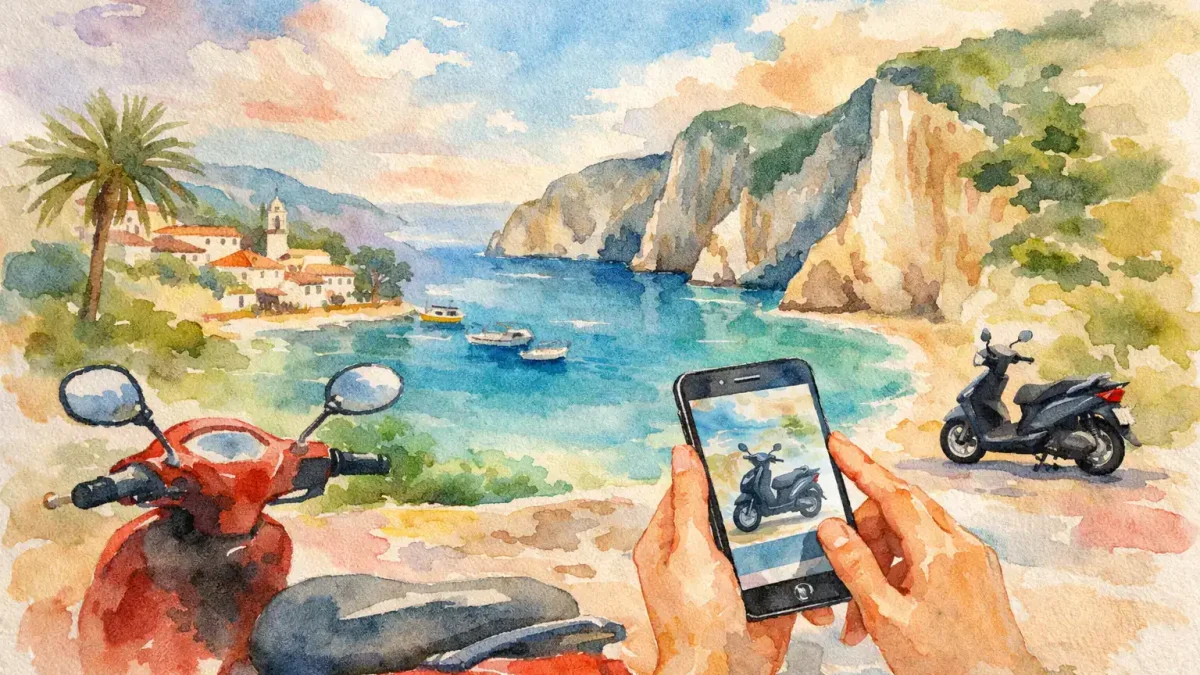 Person taking a photo of a scooter with a scenic coastal background.