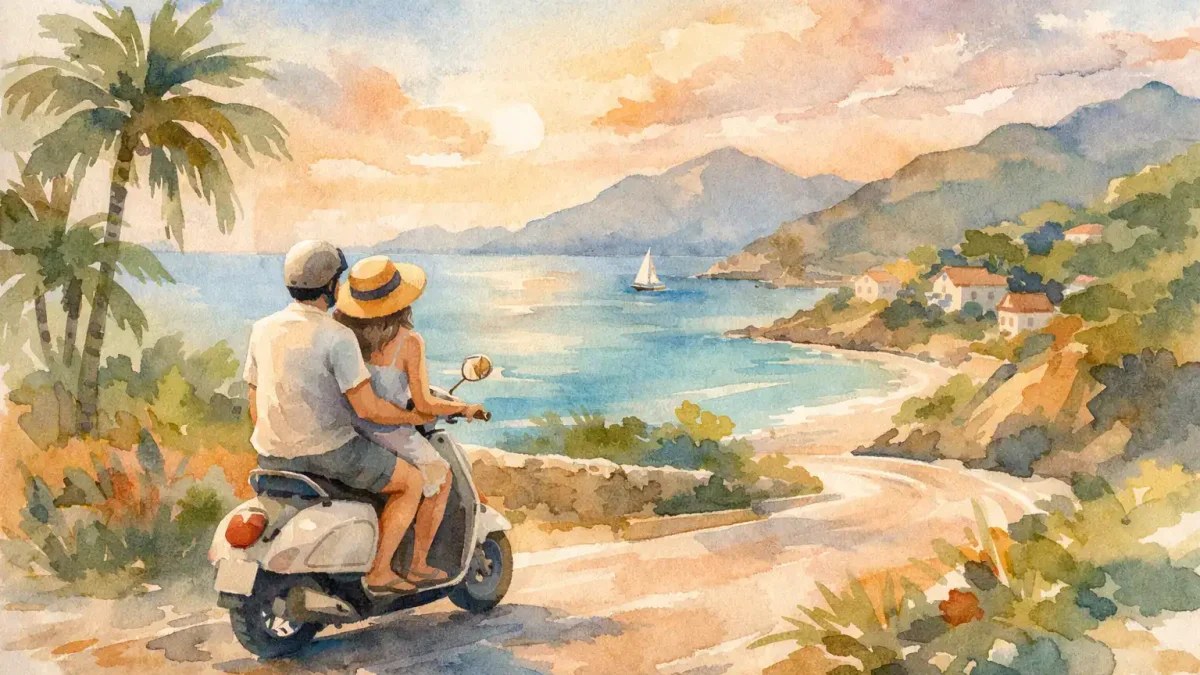 Couple riding a scooter along a scenic coastal road with mountains and sea in the background.