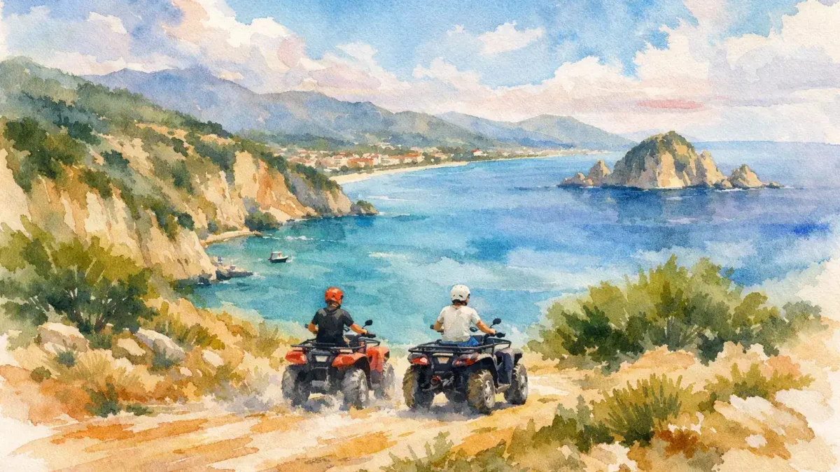 ATV riders enjoying scenic coastal trail in Alykanas, Zante.