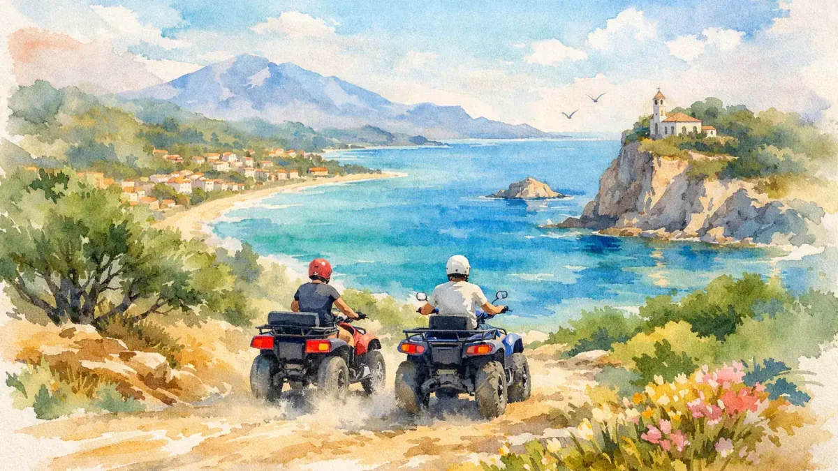 ATV riders exploring scenic coastal landscape in Tsilivi, Zante.
