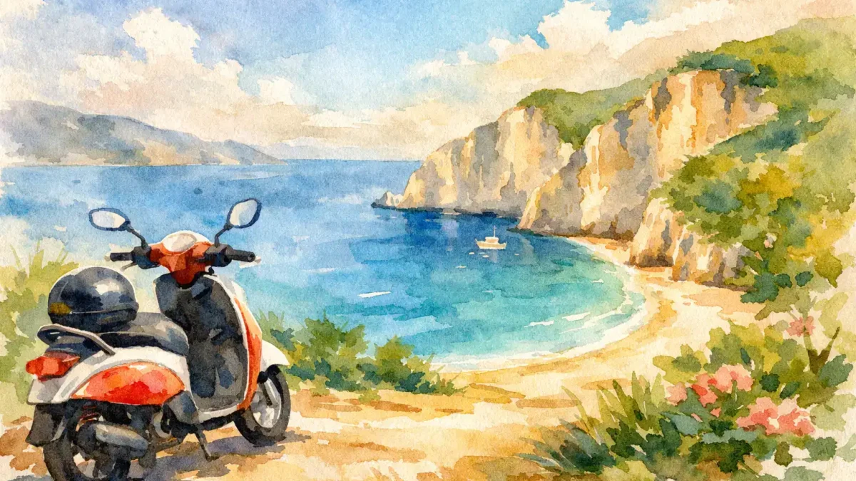 Scooter parked near a scenic coastal cove with cliffs and greenery.