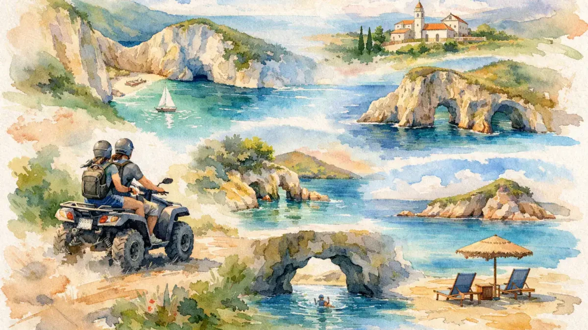 ATV riders exploring Zakynthos coastal landscape with sea, cliffs, and beach.
