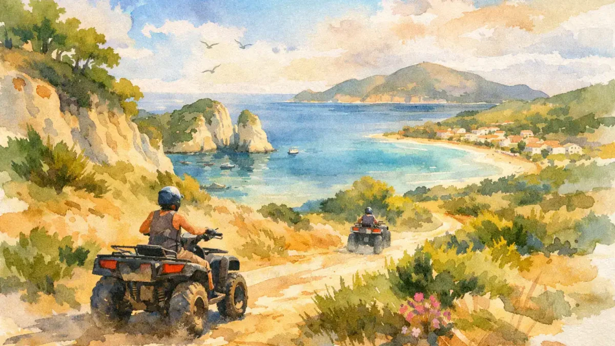 ATV riders exploring scenic coastal landscape on Laganas island.