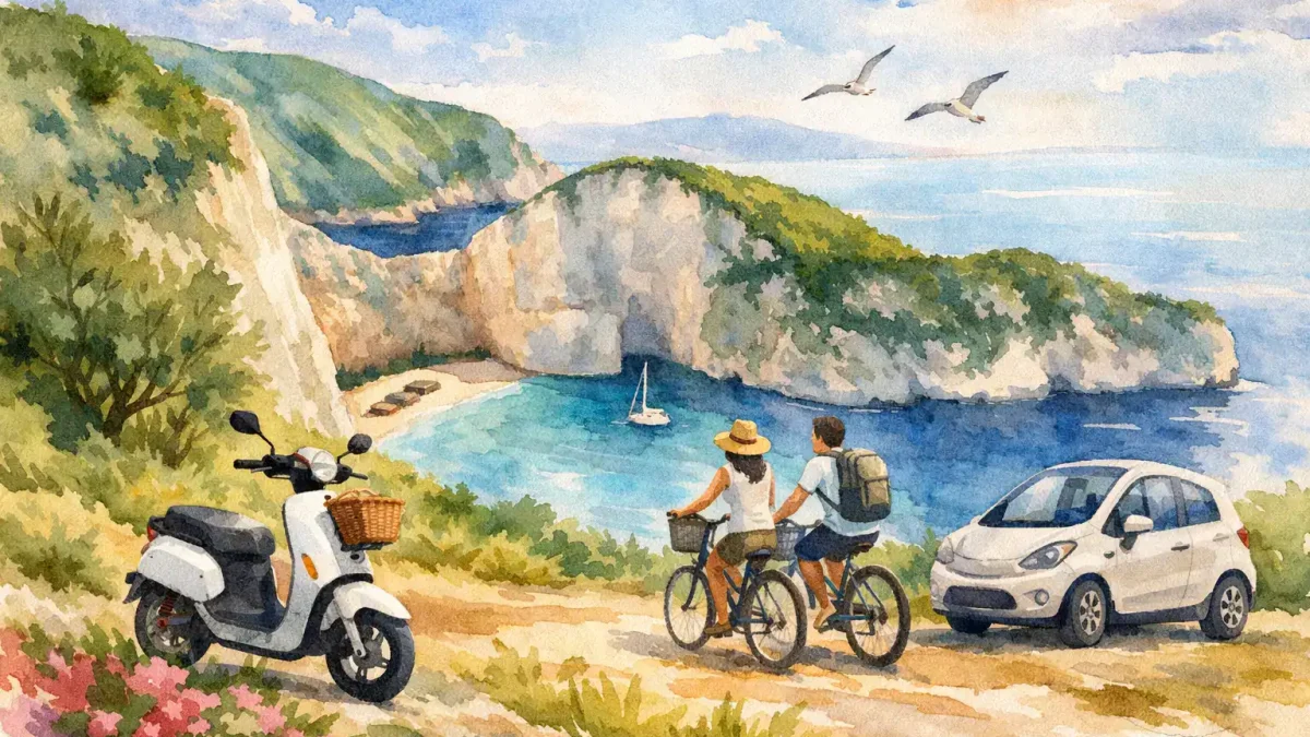 Cyclists and electric scooter enjoy scenic coastal view in Zakynthos.