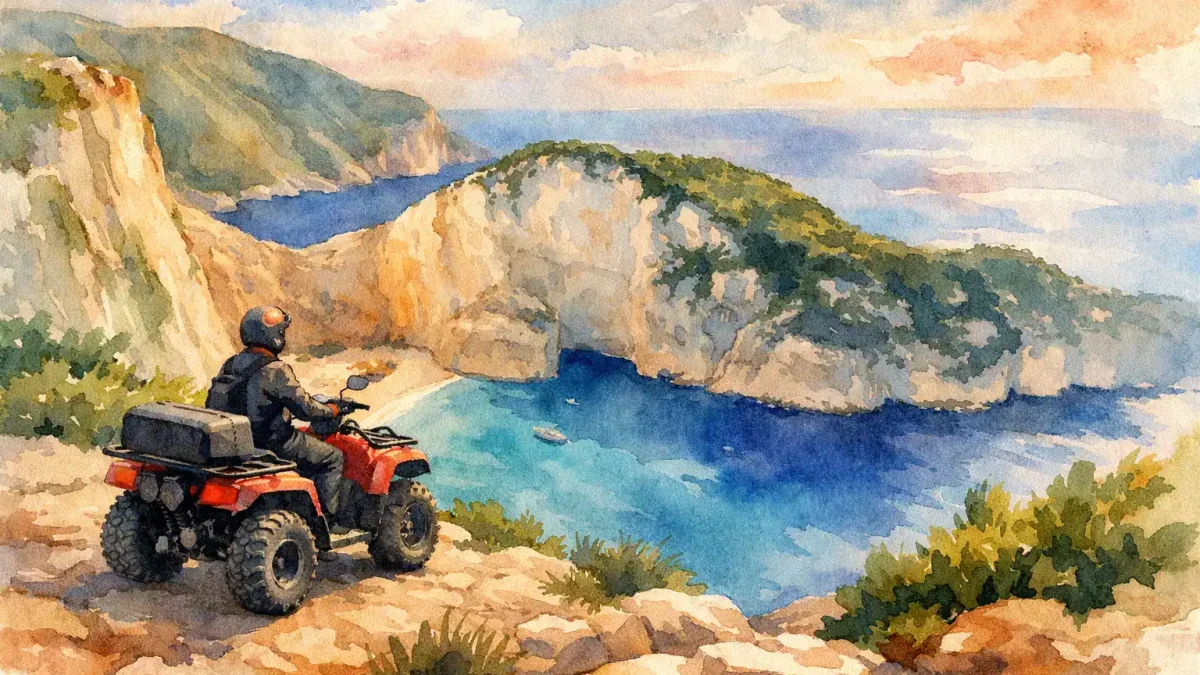 ATV rider overlooking Navagio Viewpoint on Zakynthos island.