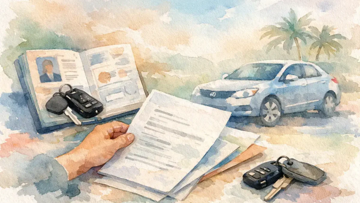 Car rental documents and keys with a car in the background.