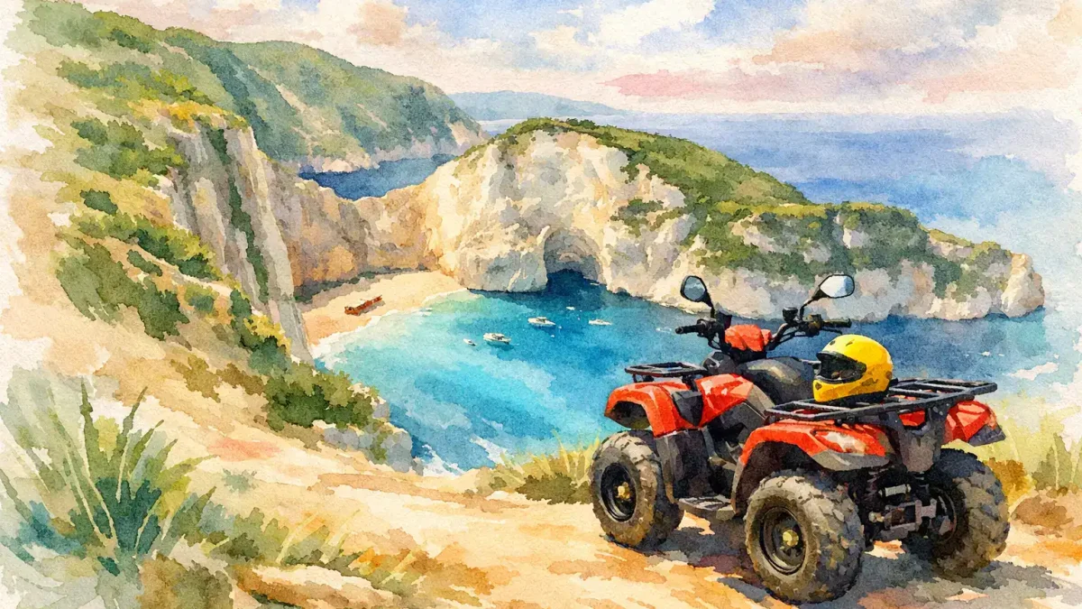 ATV on scenic Zakynthos coastline with caves and turquoise waters.
