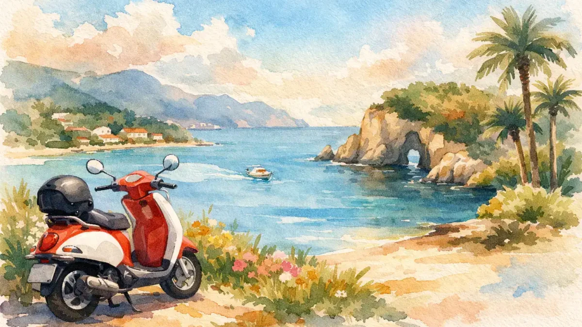 Scooter parked on a scenic Zakynthos beach with sea and mountains in background.