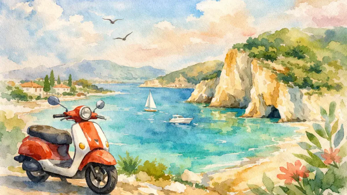 Colorful watercolor of a scooter by the sea with cliffs and sailboats.