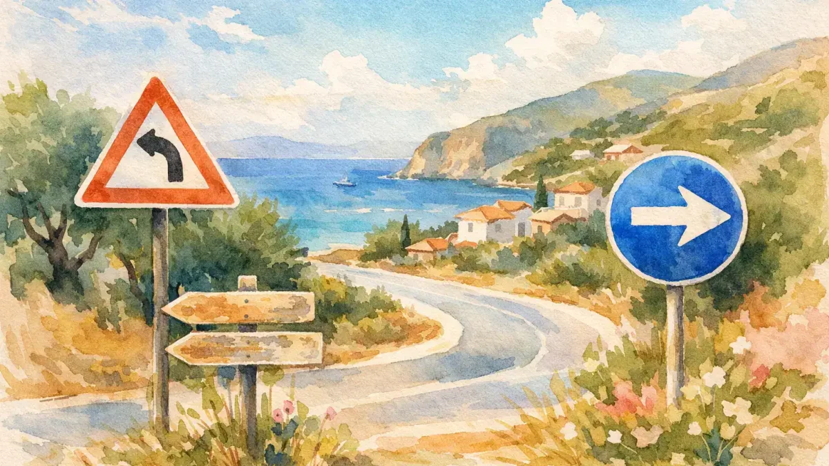 Greek road signs on a scenic coastal road in Zakynthos.