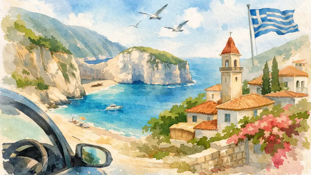 Scenic view of Zakynthos with church, sea, and Greek flag.
